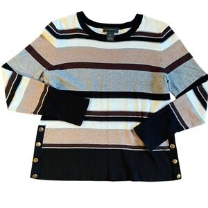 Striped Button Accent Sweater Long‎ Sleeve Crew Neck Brown Gray White